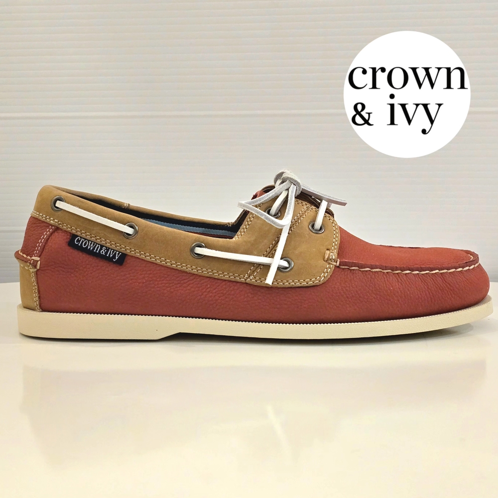BRAND NEW CROWN & IVY RAMSEY Mens Size 11 Nantucket Red & Tan Leather Boat Shoes